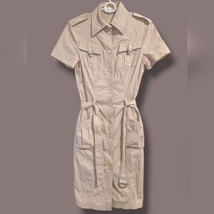 Escada Cream Fitted Belted Short Sleeve Button-Up Midi Shirt Dress Utility